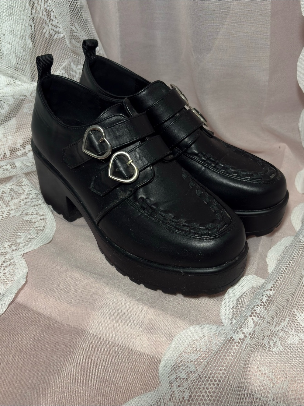 Koi Footwear black IAGO Metal Heart Oxford Platform Shoes with 3” heel